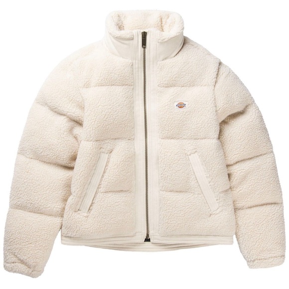 Dickies Womens Mount Hope Puffer Jacket Zip Up Fleece High Neck Cream Size L NWT - Picture 1 of 4